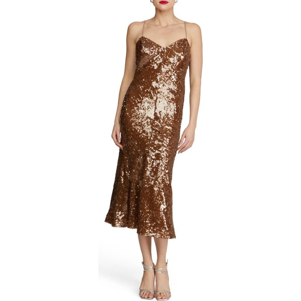 HALSTON Yvonne brown Sequin Sleeveless Midi Dress size 4 NWOT